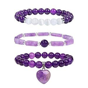 Healing Crystal Bracelet Women Amethyst Gemstone Heart Charm Stress Relief Jewel